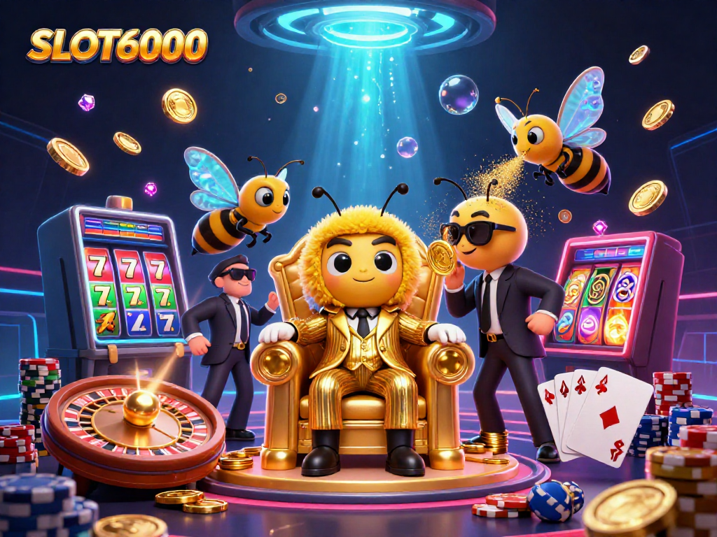 SLOT6000 showcases exhilarating slot machine excitement amid vibrant casino activity, featuring a bumblebee mob boss.