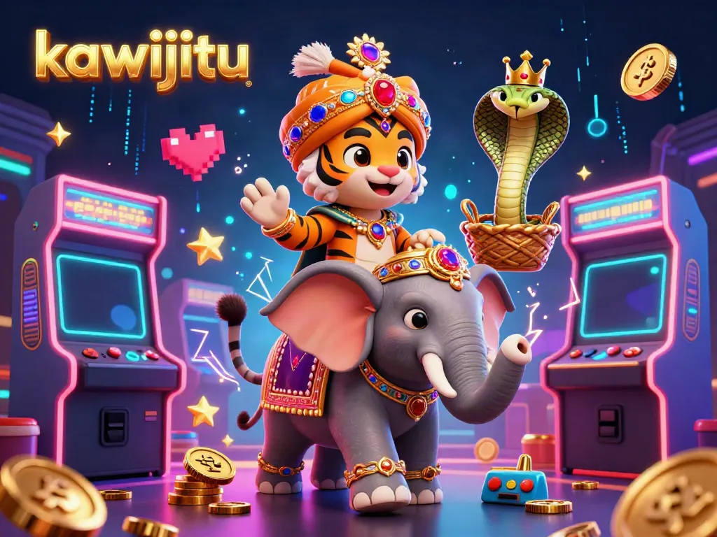 Kawijitu showcases vibrant casino culture with an ornate maharaja riding a jewel elephant, surrounded by gaming elements.