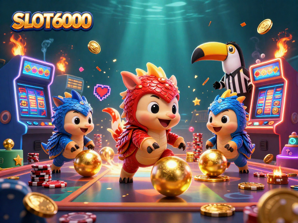 SLOT6000 pangolins competing in a vibrant casino scene, showcasing playful rivalry amidst colorful game elements.