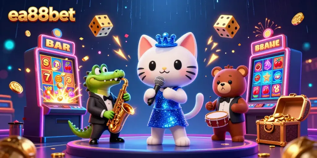 Engage in fun with a 3D jazz-singer cat and friends at a vibrant ea88bet casino stage surrounded by slot machines and jackpots.