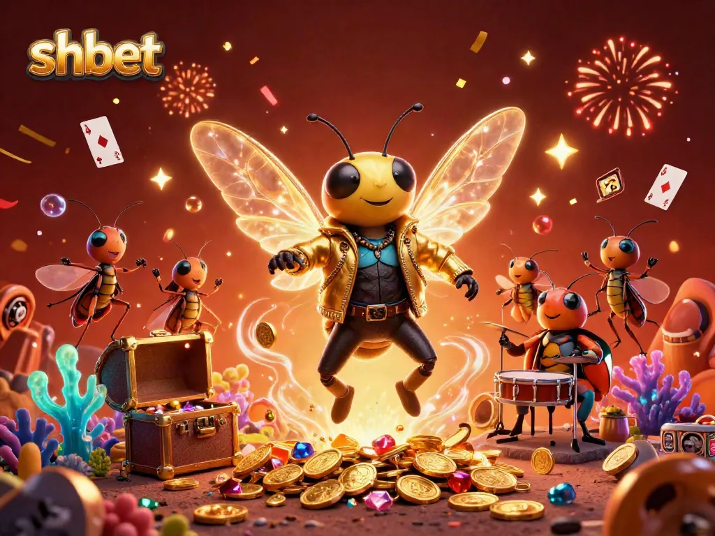 Experience SHBET's vibrant online casino atmosphere with a cartoon rock star, celebrating with gold coins and colorful gems.