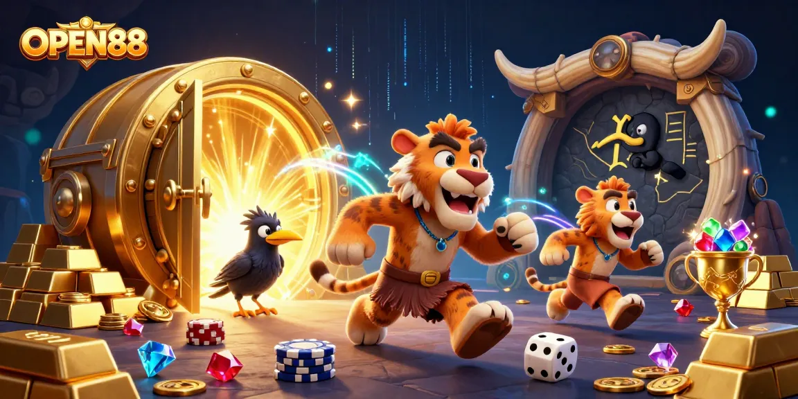 Engage with the exciting world of OPEN88 as a cartoon caveman and a sabertooth tiger run a prehistoric casino.