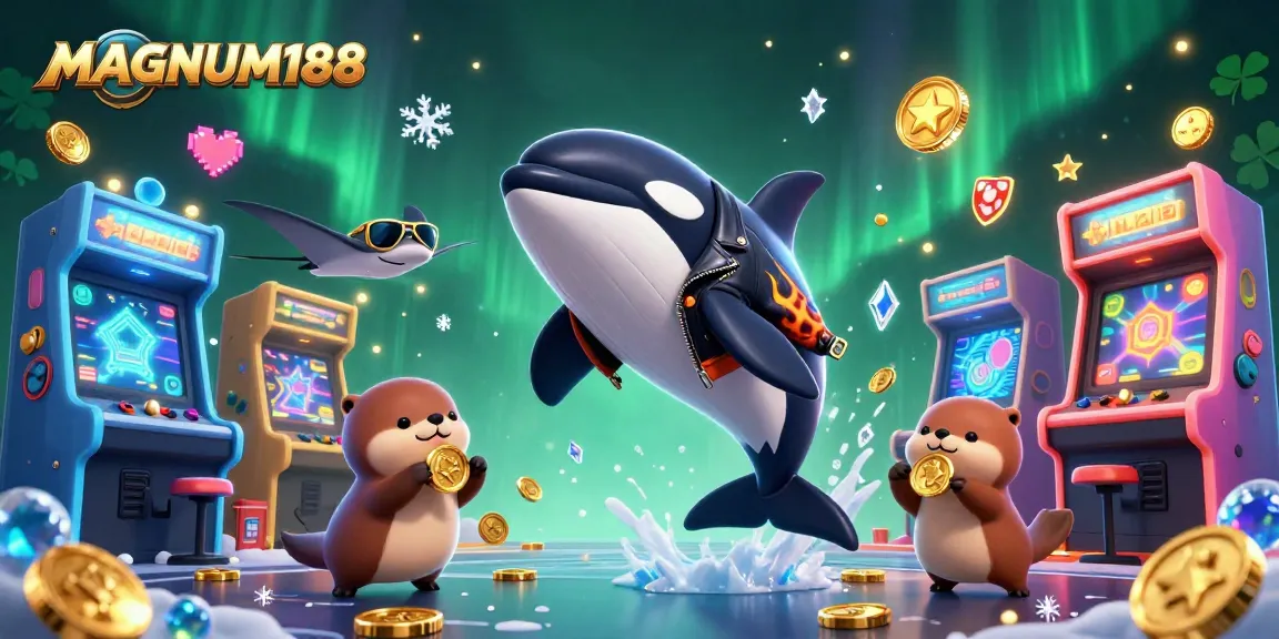 Engage with MAGNUM188 through vibrant 3D casino illustration showcasing orca, stingray, and otters.