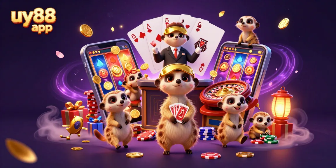 Experience the excitement of the uy88 app with playful meerkats managing a vibrant casino scene.