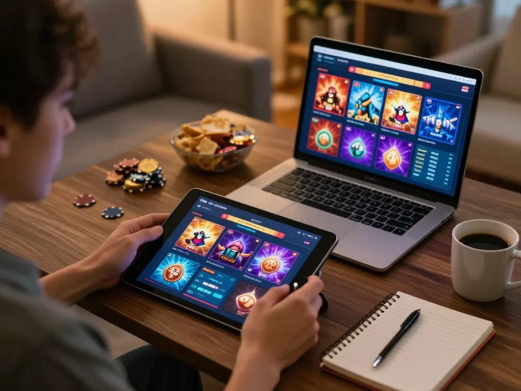 Engaging gameplay scene at 68gamebaivn, showcasing a player immersed in online casino action with multiple devices.