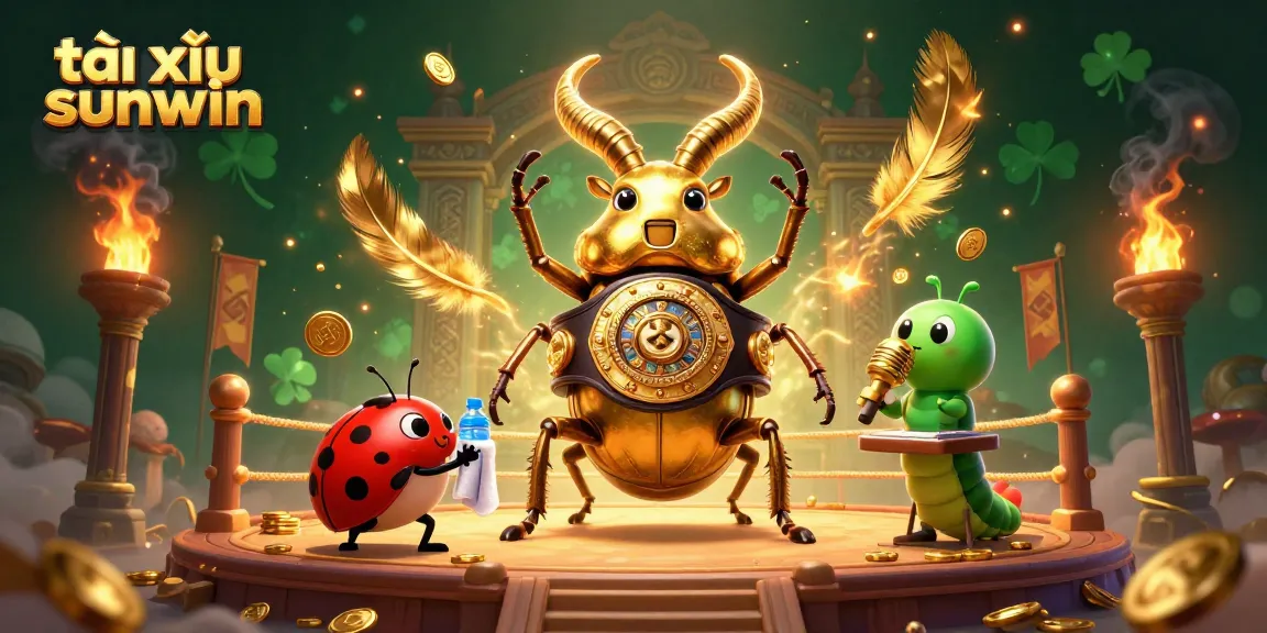 Engage with tài xỉu sunwin in this vibrant gambling illustration featuring a golden stag beetle champion.