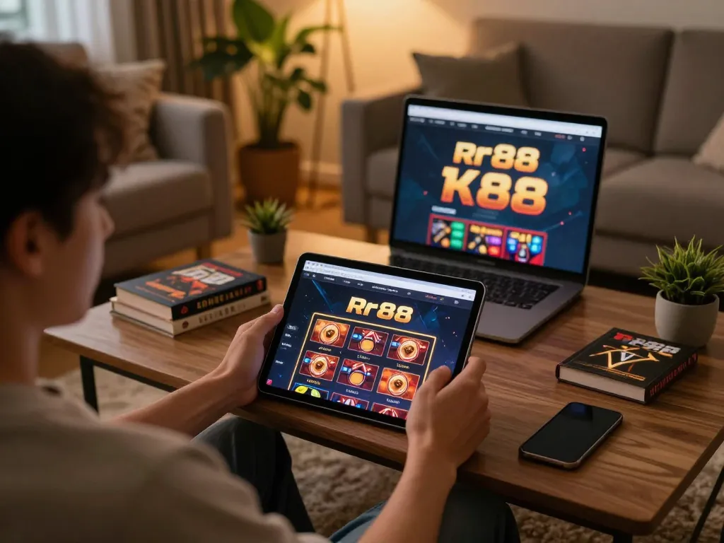 Engaging with rr88 on tablet in a cozy home gaming setup, illustrating strategic casino gaming.
