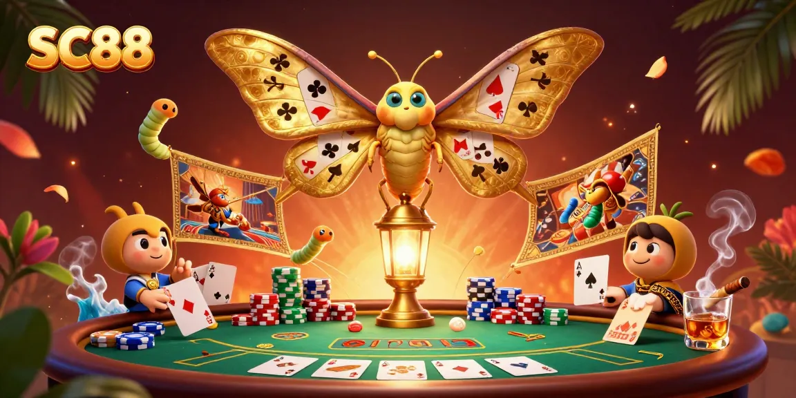 Engage with SC88, where a vibrant cartoon atlas moth adorns a golden lantern, evoking casino excitement.
