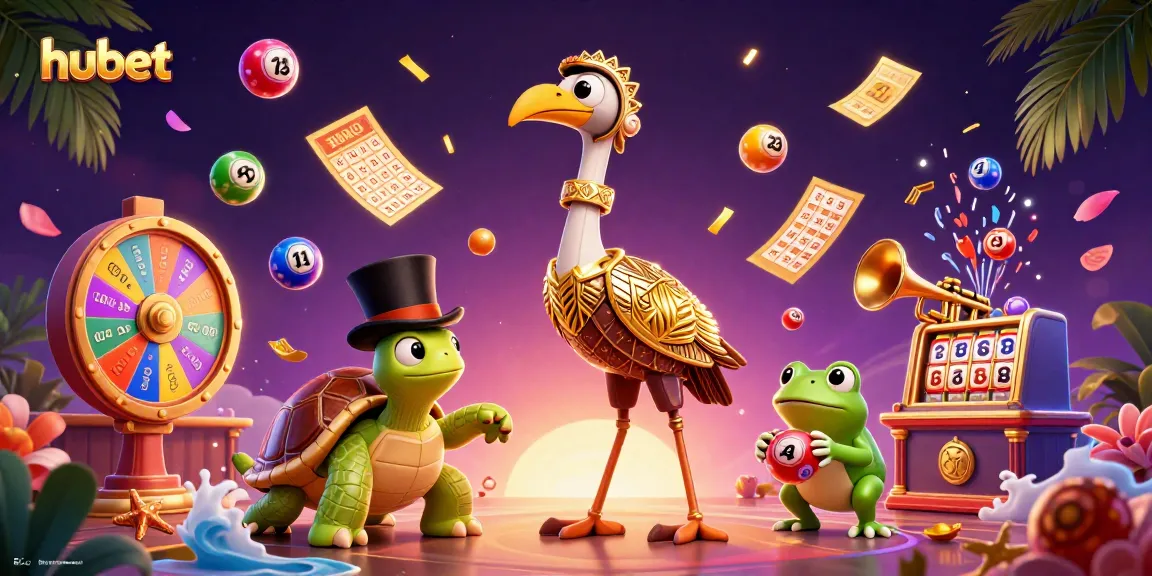 hubet offers dynamic lottery games with a fun 3D illustration featuring vibrant elements and engaging characters.