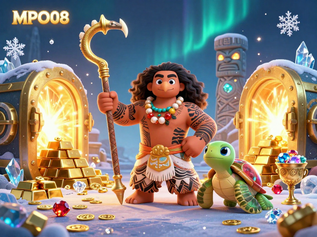 MPO08 offers dynamic casino experiences with a Polynesian demigod and treasure elements in an exciting illustration.