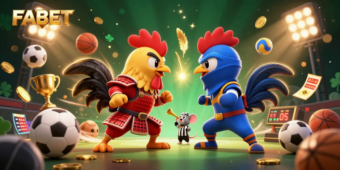 FABET sports-themed illustration with dynamic roosters engaging in combat, exciting betting elements around.