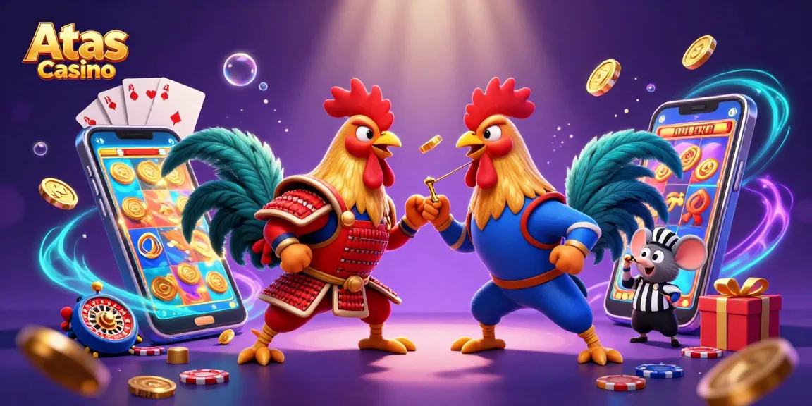 Atas Casino showcases intense action with fighting roosters in a lively gaming atmosphere.