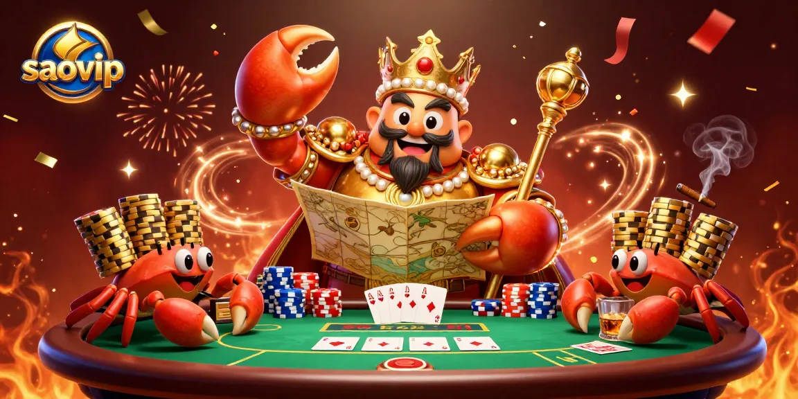 Experience thrilling gameplay at saovip with an exciting portrayal of a golden crab emperor presiding over a vibrant poker scene.