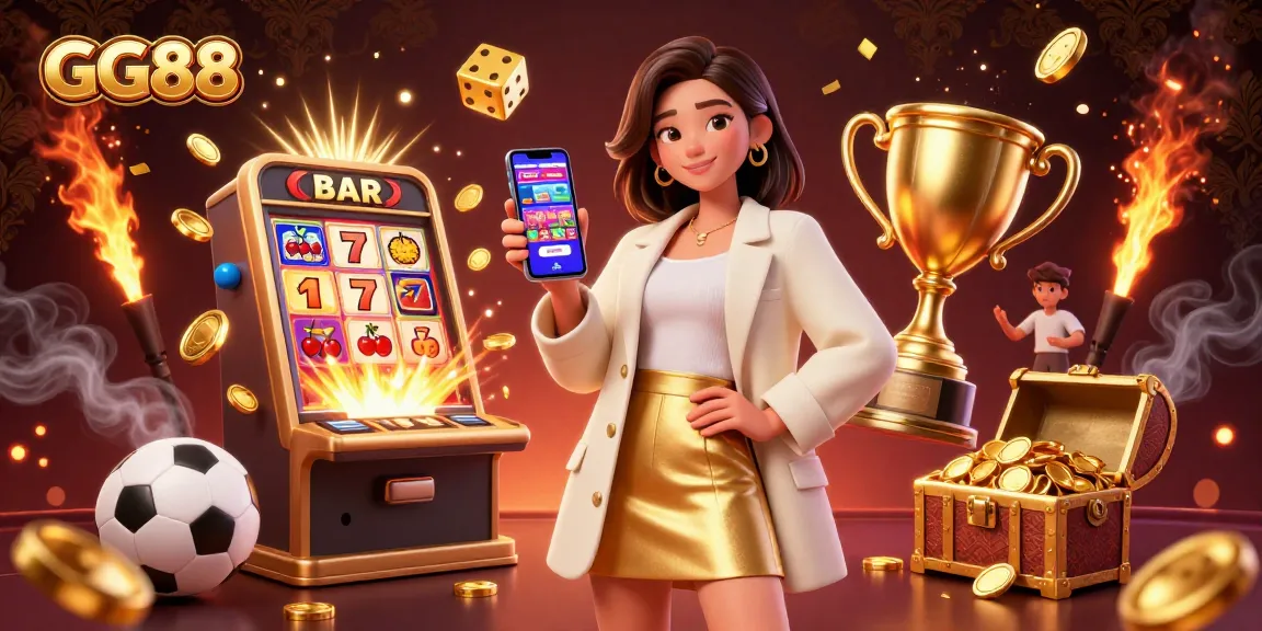 Experience excitement at GG88 with a vibrant illustration showcasing a beautiful Asian woman engaging with a sports betting app.