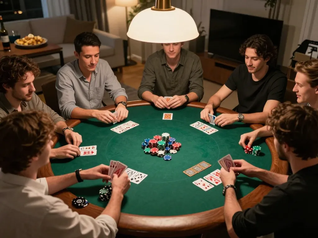 Players enjoying a lively poker game at home, showcasing the thrills of vegasslot77 gaming.