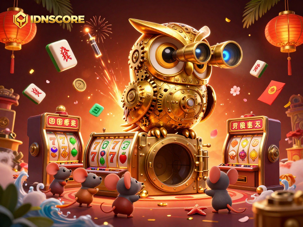 IDNSCORE offers exciting slot loyalty points with a dynamic casino atmosphere filled with gold and festive elements.