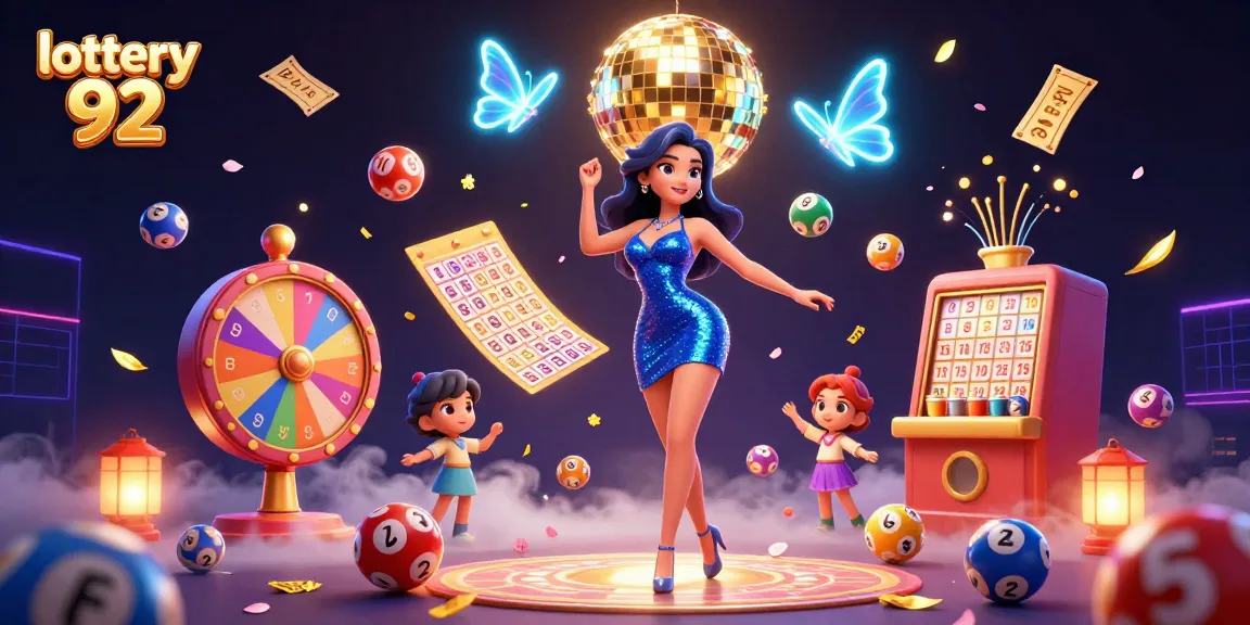 Experience lottery 92 in a vibrant 3D illustration with dynamic elements and a glamorous character.
