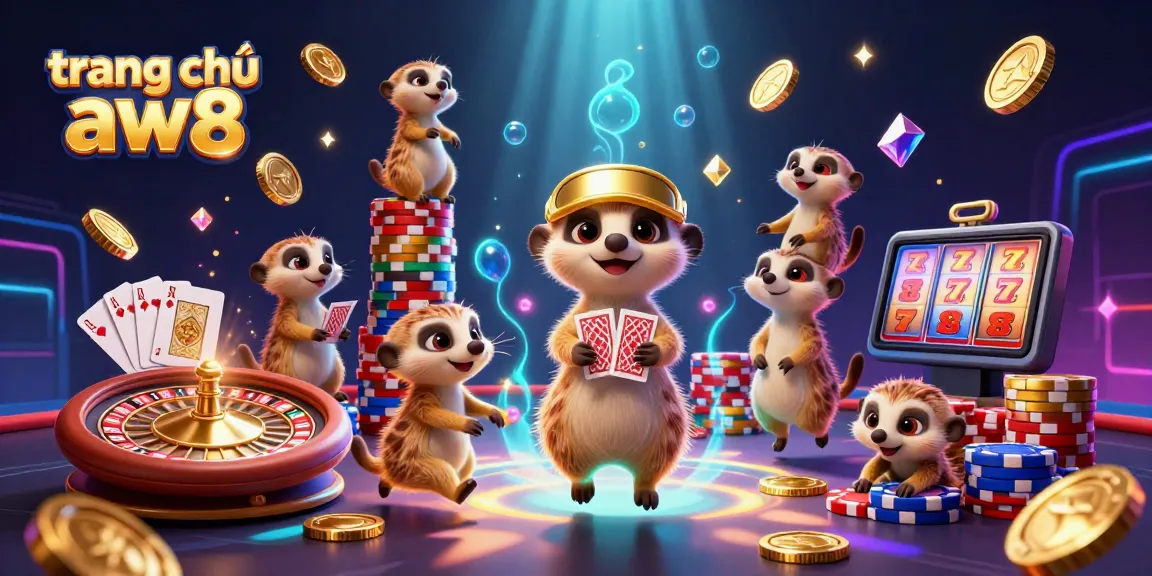 Experience the vibrant world of trang chủ aw8, featuring a meerkat casino operation amidst golden coins and cards.