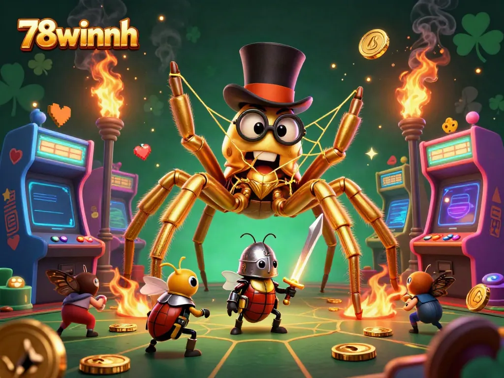 Experience thrilling gameplay at 78winnh with a colorful, dynamic casino scene featuring a golden tarantula and knight.