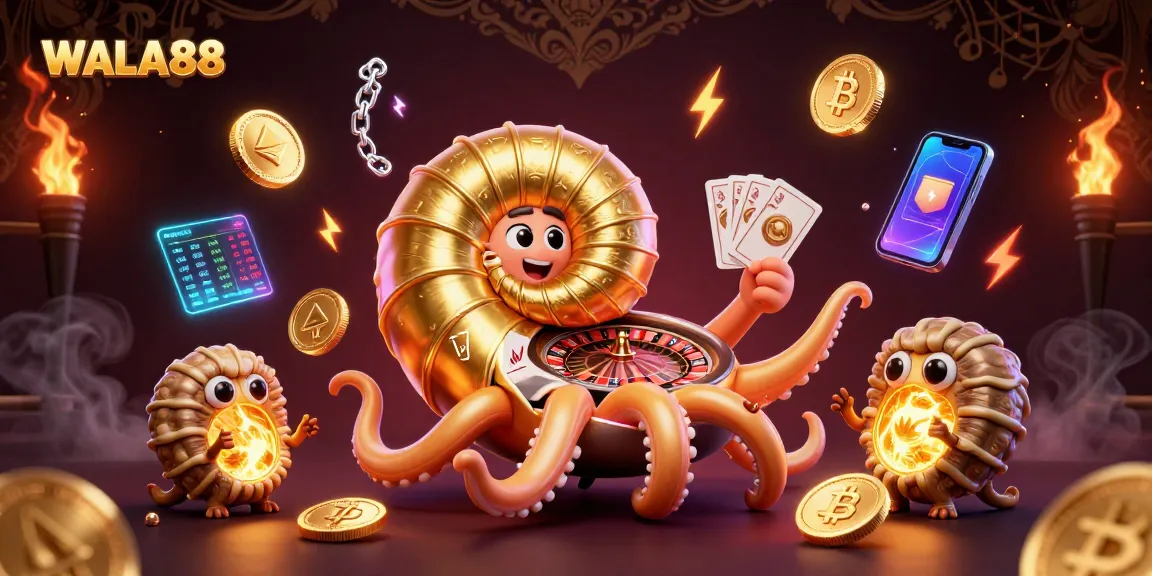 Experience WALA88 with a vibrant illustration of a giant nautilus as a roulette wheel amid crypto and gaming elements.