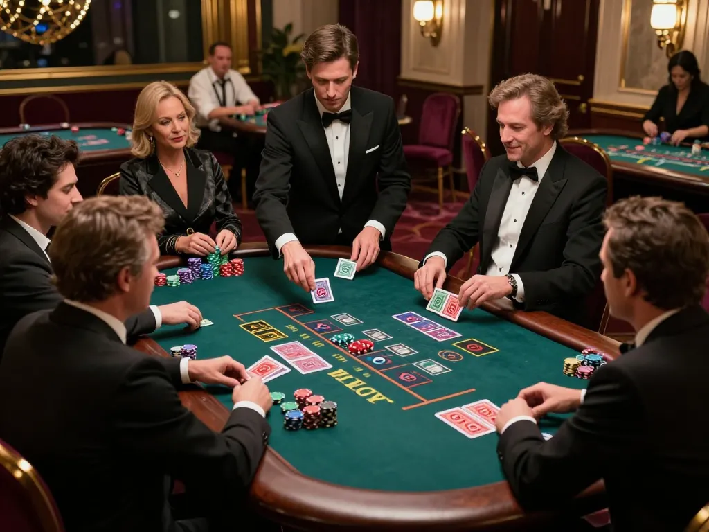 Mantra88 players strategizing blackjack decisions with chips stacked high at an upscale casino table
