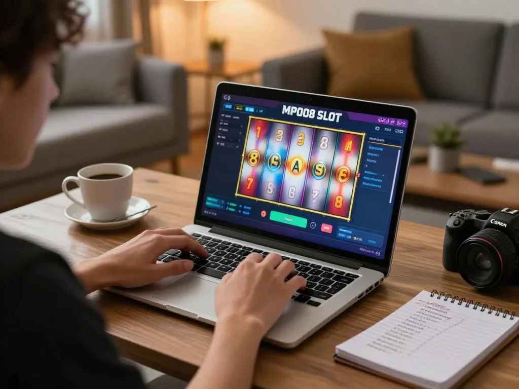 MPO08 SLOT gameplay on a laptop showcasing vibrant slot reels in a cozy home setting.