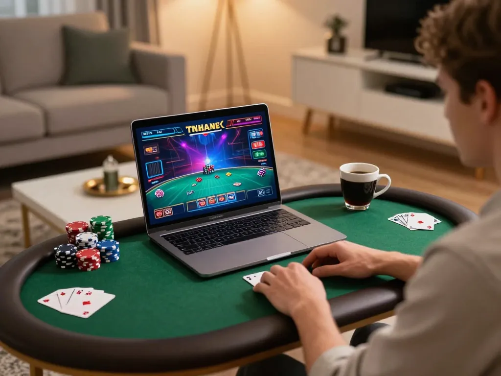 Player experiencing an exciting poker game on 789bet's online platform in a cozy home environment.
