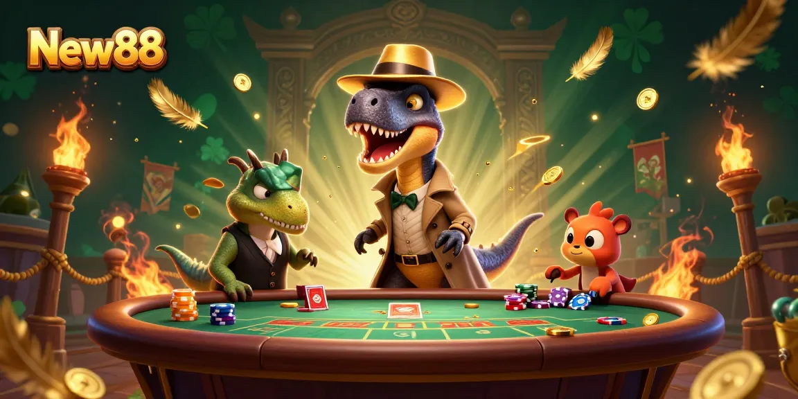 Experience thrilling gaming at New88 with a velociraptor card counter at the blackjack table amidst shimmering casino elements.