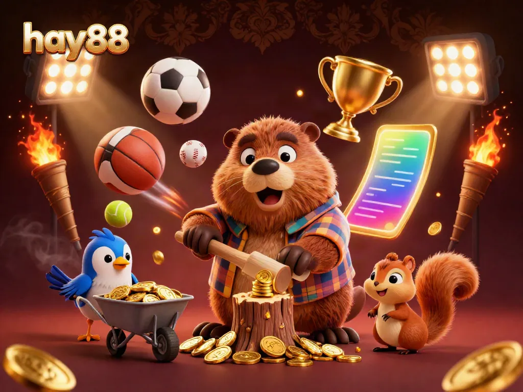 Witness the exciting world of hay88 as a 3D cartoon beaver collects golden coins in a lively casino scene.