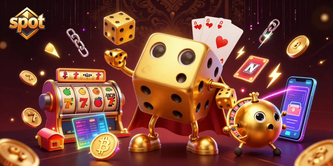 Spin the slot reels with vibrant symbols and golden dice in a dynamic casino scene.
