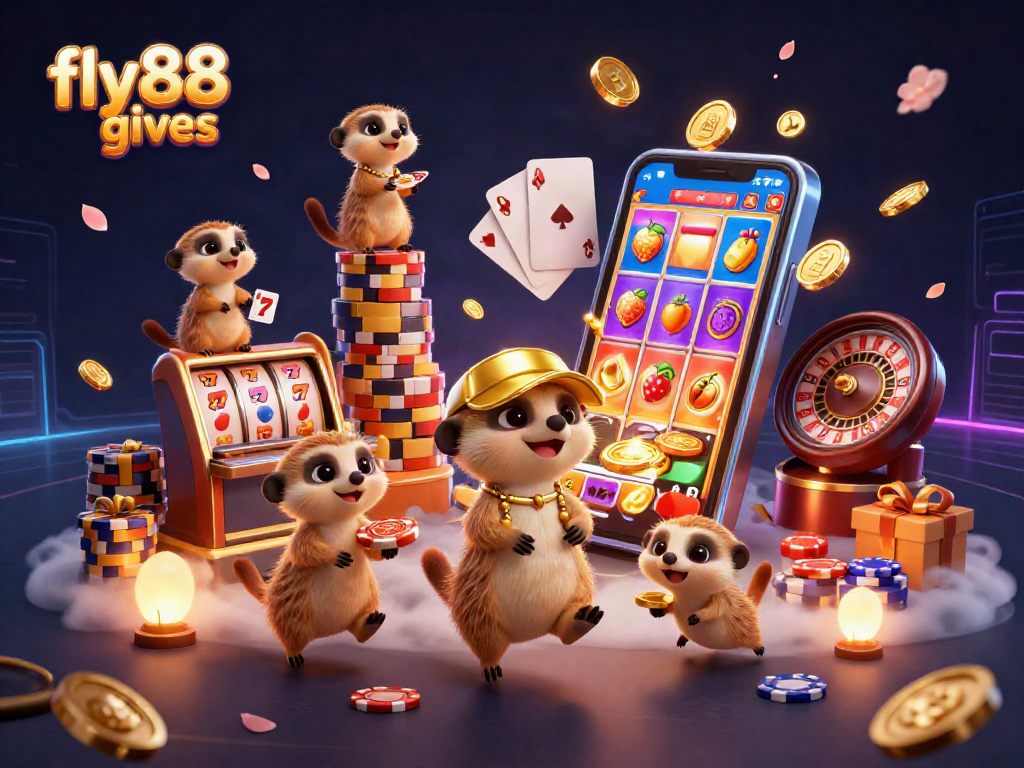 Experience excitement at fly88 gives with meerkats managing a vibrant casino scene filled with slots.