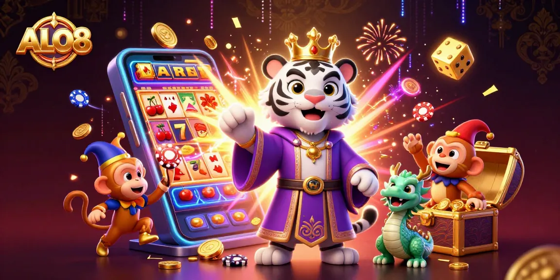 Play the slots at ALO8 with an engaging scene featuring a white tiger, monkey, and jade dragon, surrounded by casino elements.