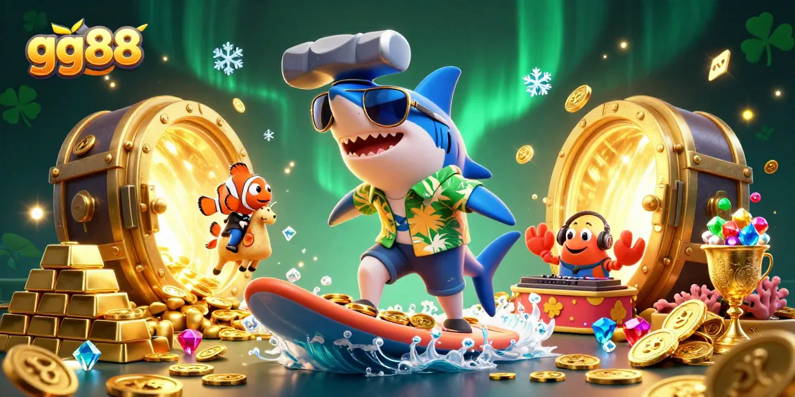 Witness a vibrant 3D scene featuring gg88, showcasing a shark, clownfish, and crab DJ among golden casino treasures.