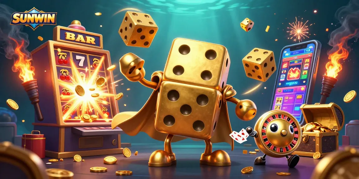 Experience the excitement of SUNWIN with a vibrant casino-themed 3D illustration featuring golden dice and a jackpot.