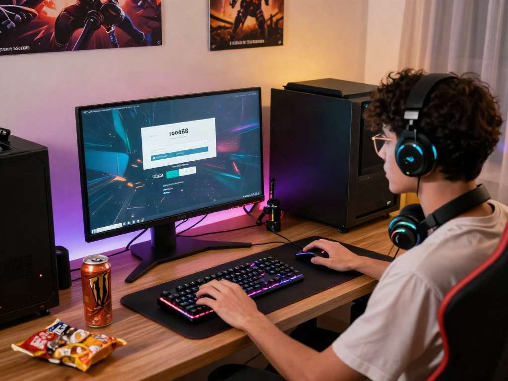rokok88 login scene with gamer at desk setup showcasing vibrant gaming atmosphere