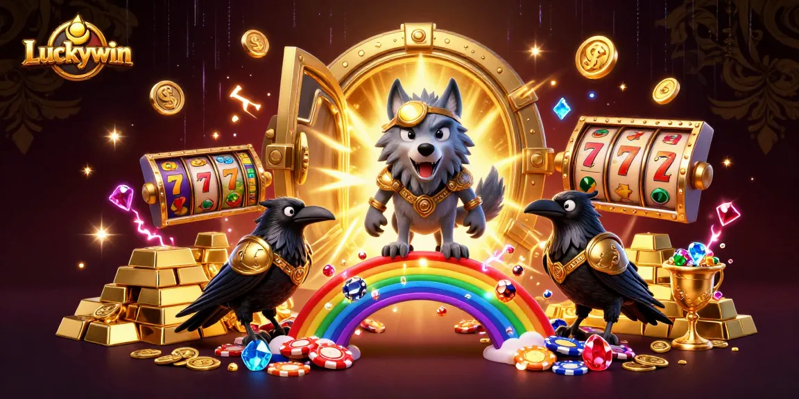 Luckywin features an Odin wolf and ravens before a vibrant casino world filled with treasures.