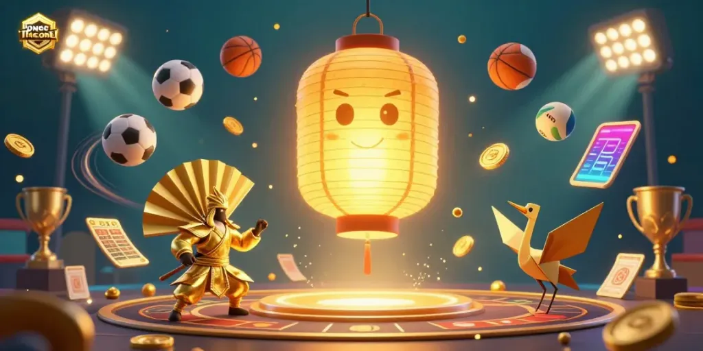Experience the thrill of IDNSCORE with a dazzling 3D casino illustration showcasing vibrant sports betting elements.