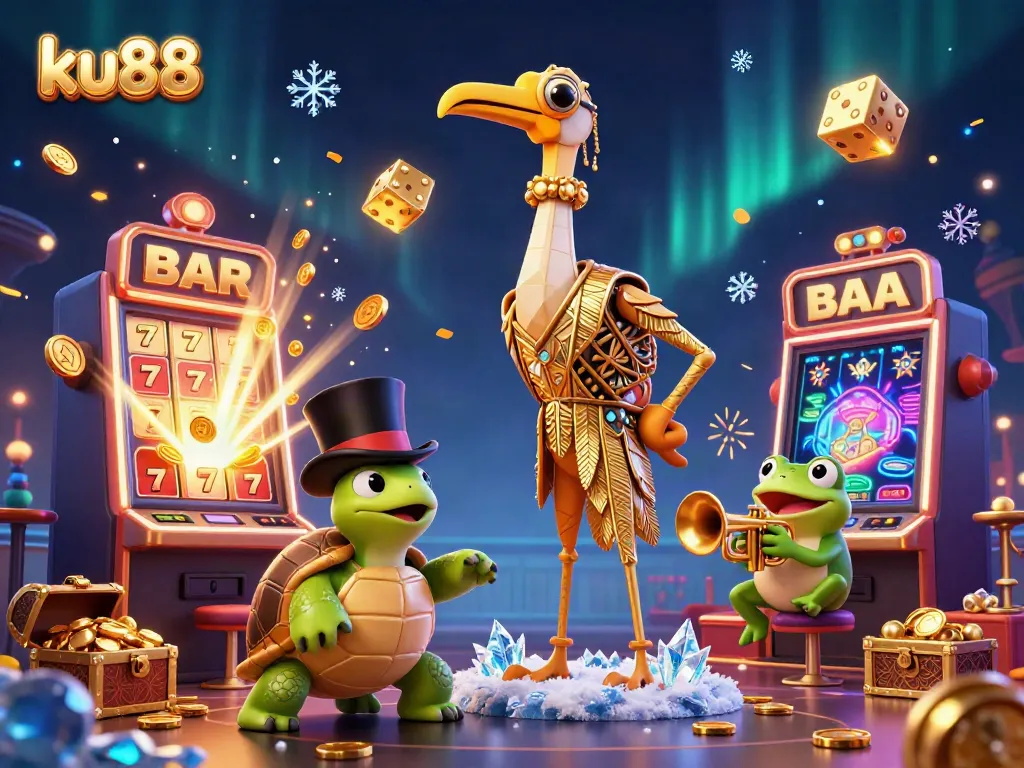 Experience jackpot thrills at ku88 with vibrant 3D characters and casino elements in a dynamic scene.