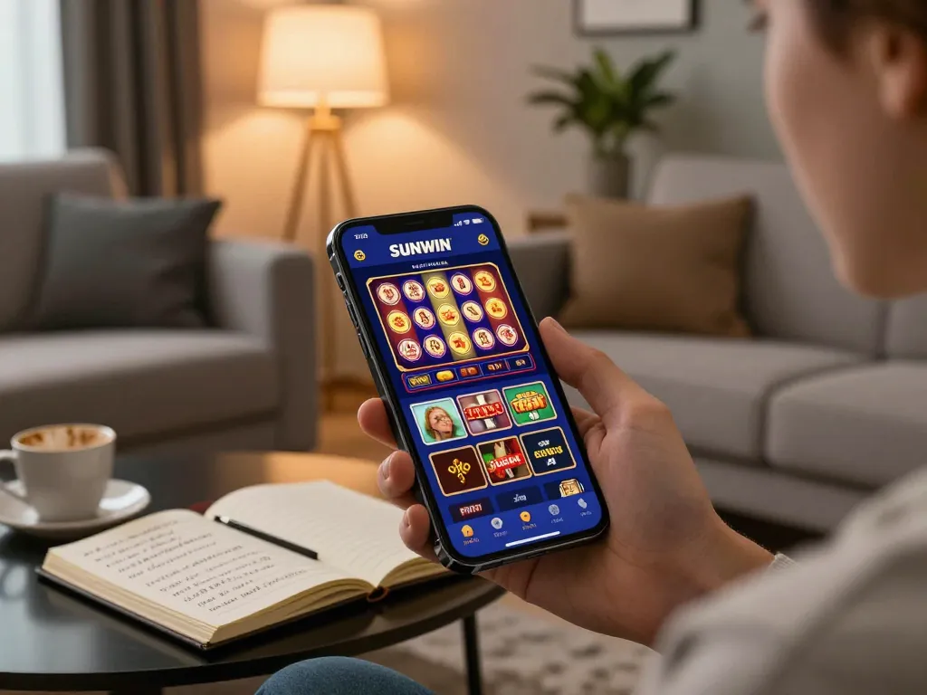 SUNWIN betting app displayed on a smartphone, showing vibrant gaming options in a cozy home setting.