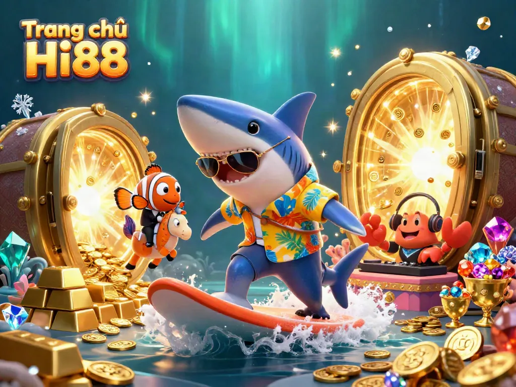 Surfing on a wave of gold coins, Trang chủ Hi88 showcases vibrant sea characters and casino elements.