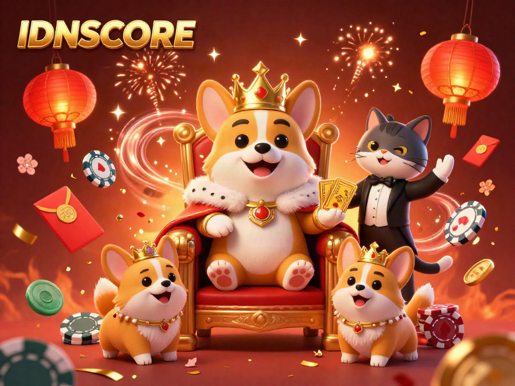 Experience the excitement of IDNSCORE with a royal corgi surrounded by vibrant casino elements.
