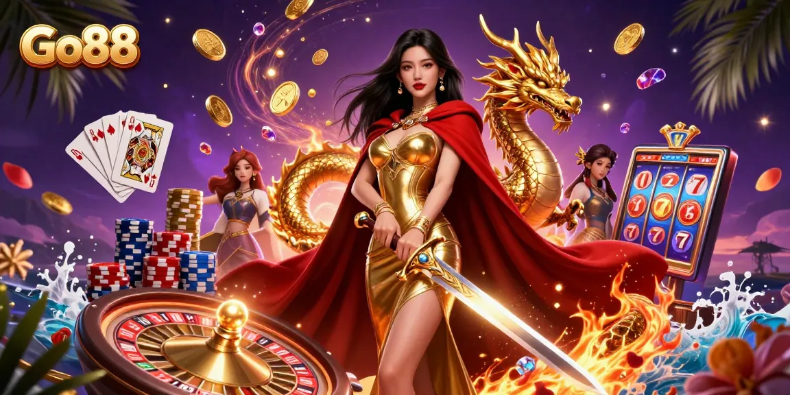 Experience the thrill of Go88 as players engage with exciting casino gameplay amidst golden treasures and vibrant graphics.