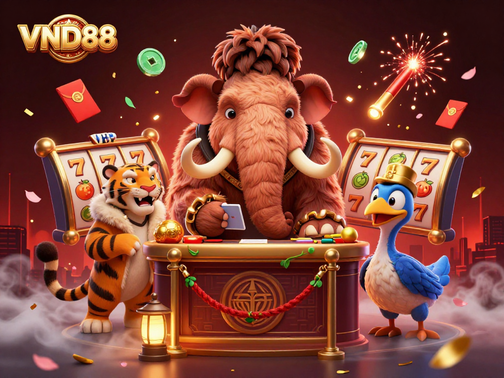 Engage with the vibrant VND88 casino scene featuring unique characters and festive gaming elements.