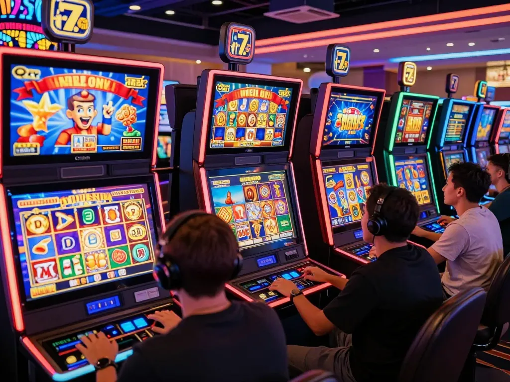 The thrilling online gaming atmosphere at vegasslot77.com featuring diverse players engaging with colorful slot games, creating an energetic casino vibe.