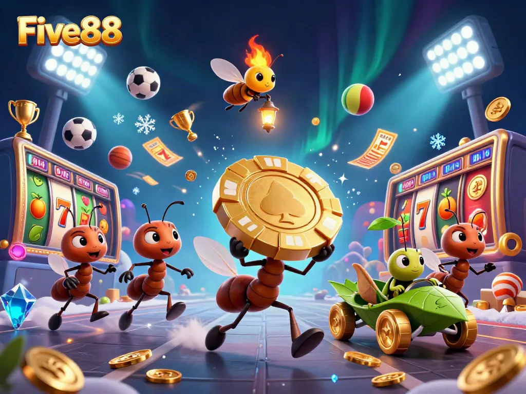 Experience the vibrant atmosphere of Five88 with animated characters in a thrilling casino heist scene.