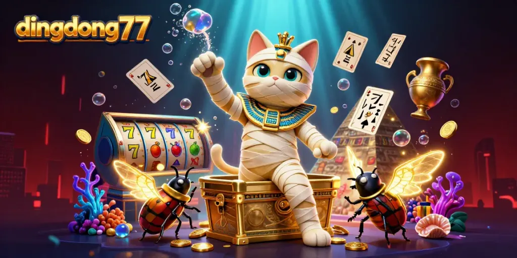 Experience exciting gameplay at dingdong77 with a vibrant 3D illustration featuring a casino theme and engaging characters.