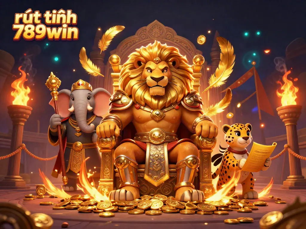 Engage with rút tiền 789win in a vibrant 3D casino scene featuring a lion king and enthusiastic elements.