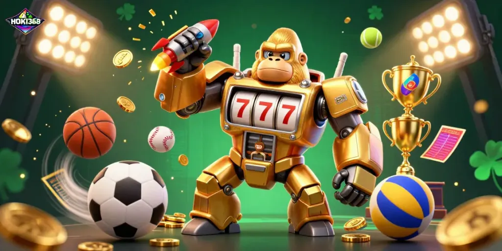 HOKI368 showcases an energetic scene with a golden gorilla mech and flying sports elements.