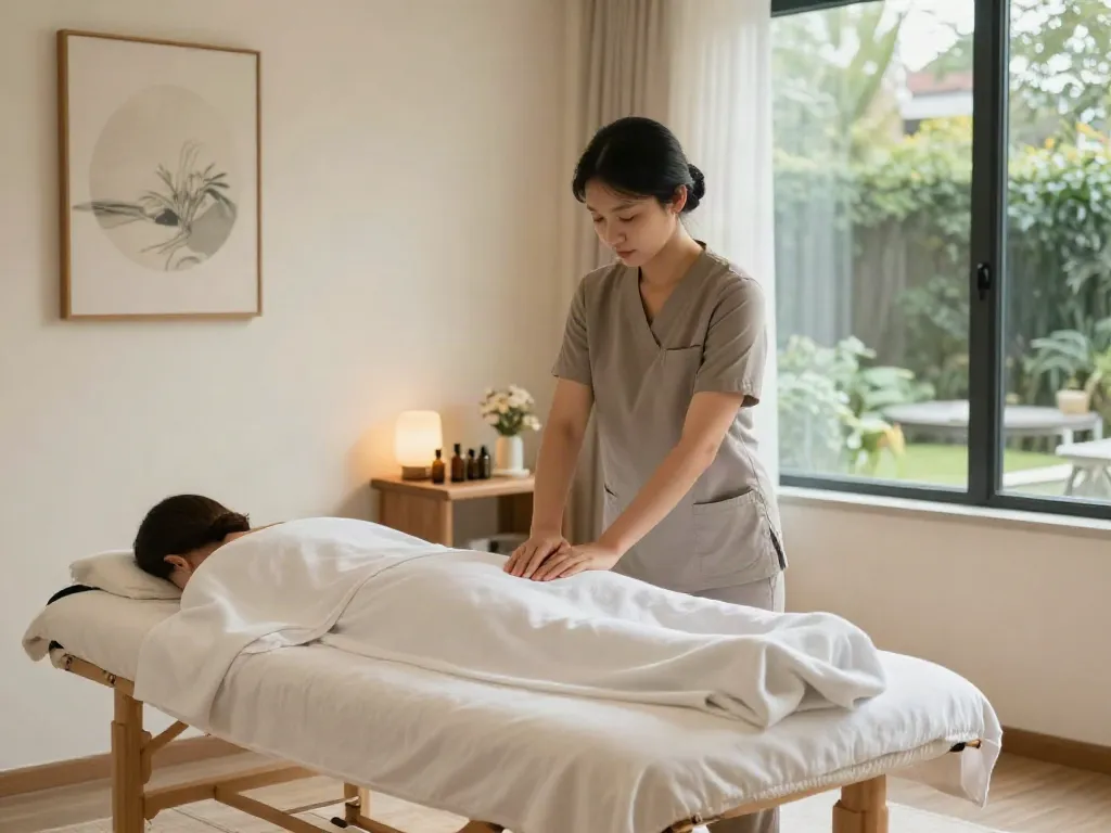 Relaxing massage therapy room scene for 마포출장안마 service.