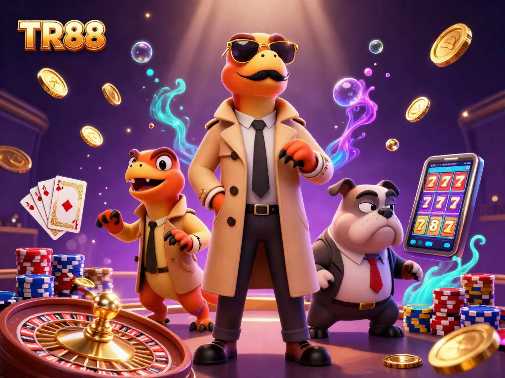 Engage with TR88's vibrant casino scene featuring animated raptors and cascading winnings.